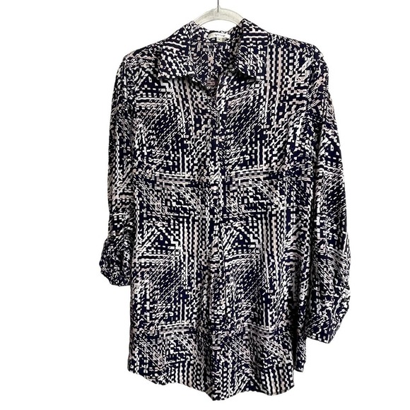 Tyler Boe Silk Long Line Button‎ Popover Tunic Top Size S Blue Cream Beige - Picture 1 of 10